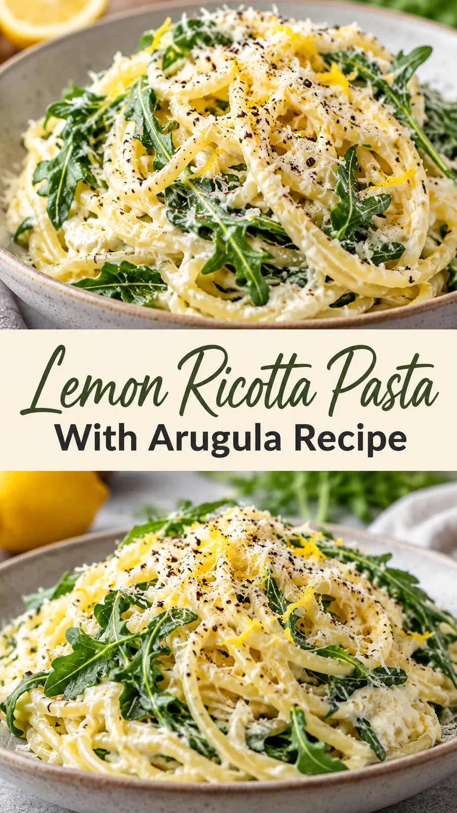 Pinterest image for Lemon Ricotta Pasta With Arugula Recipe, with two photos of the recipe