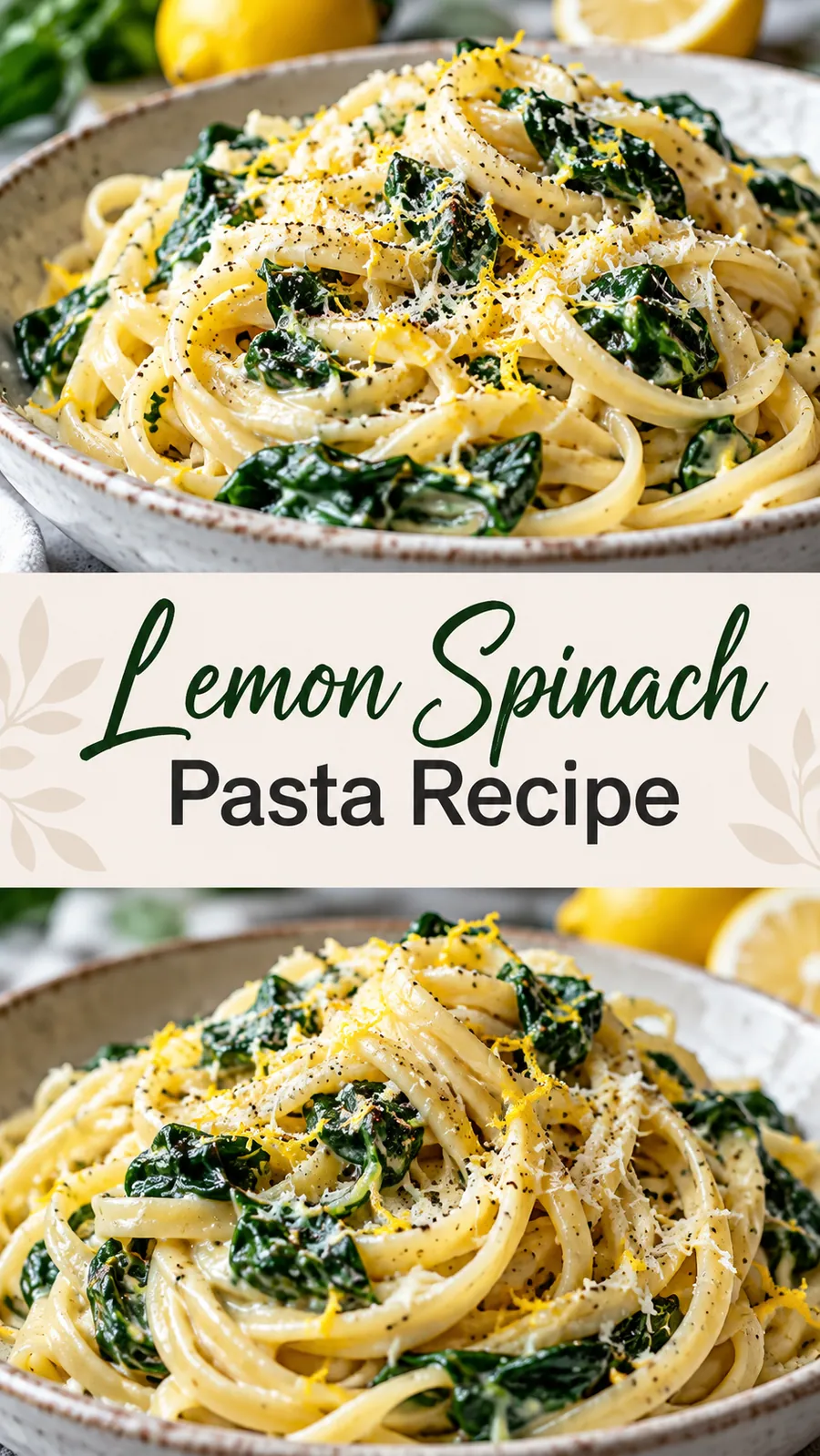 Pinterest image for Lemon Spinach Pasta Recipe, with two photos of the recipe