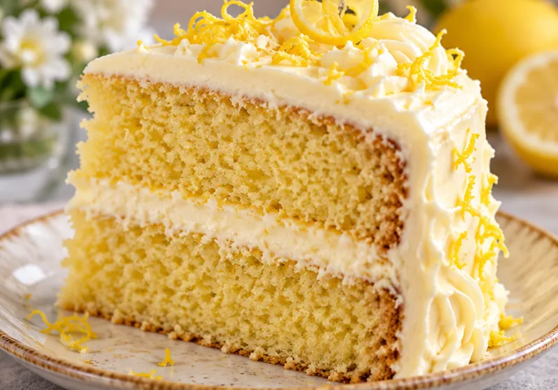 Lemon Velvet Cake with Lemon Cream Cheese Frosting, ready to serve