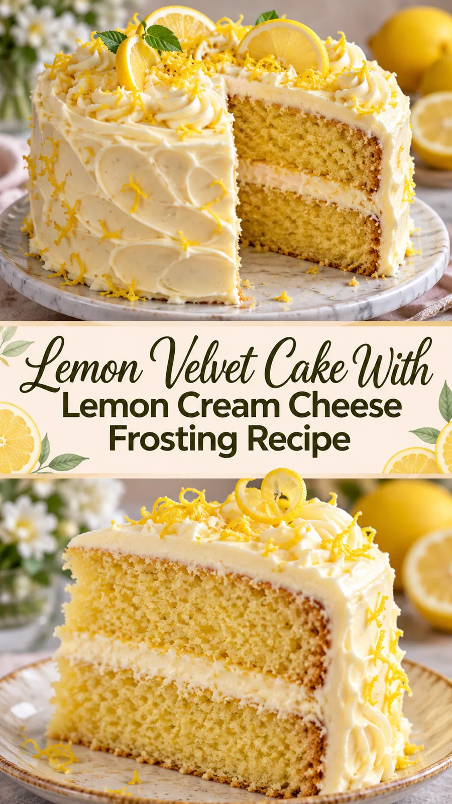 Pinterest image for Lemon Velvet Cake With Lemon Cream Cheese Frosting Recipe, with two photos of the recipe