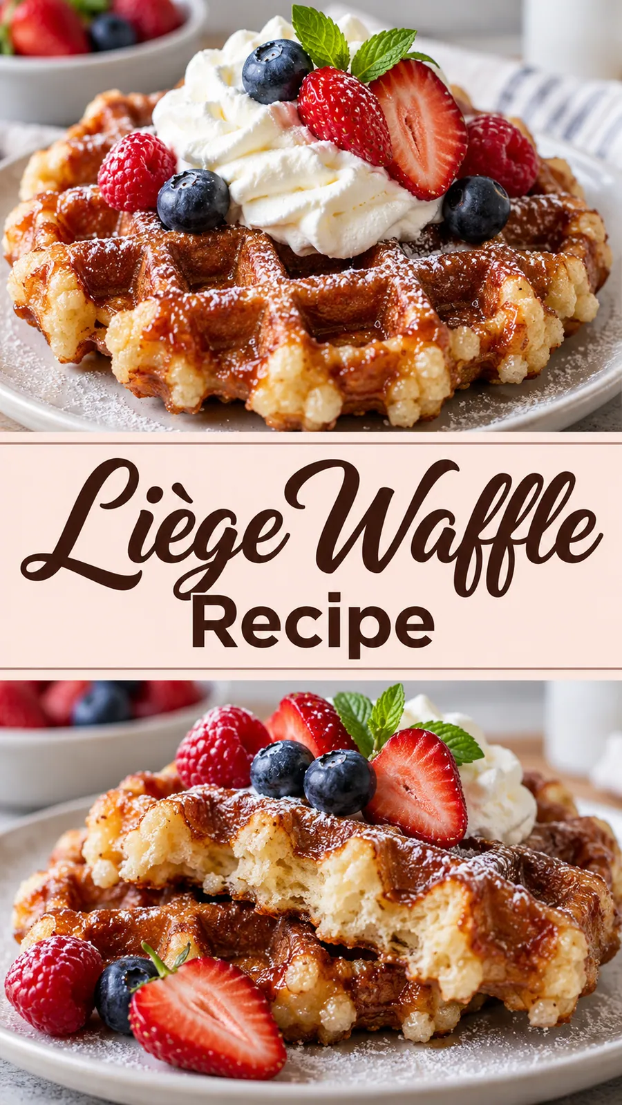 Pinterest image for Liège Waffle Recipe, with two photos of the recipe