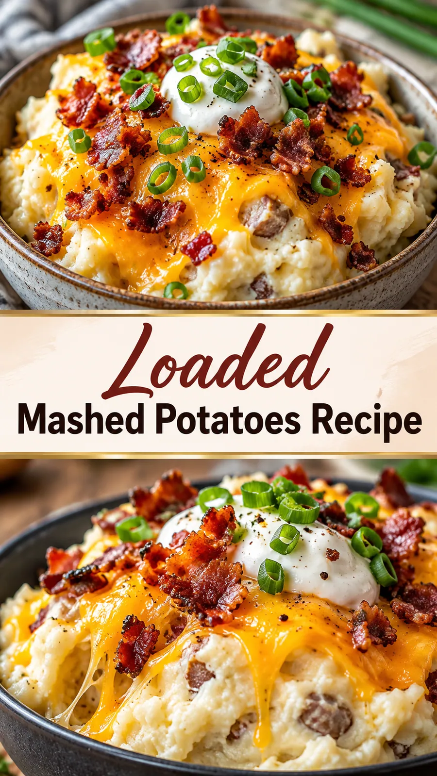 Pinterest image for Loaded Mashed Potatoes Recipe, with two photos of the recipe