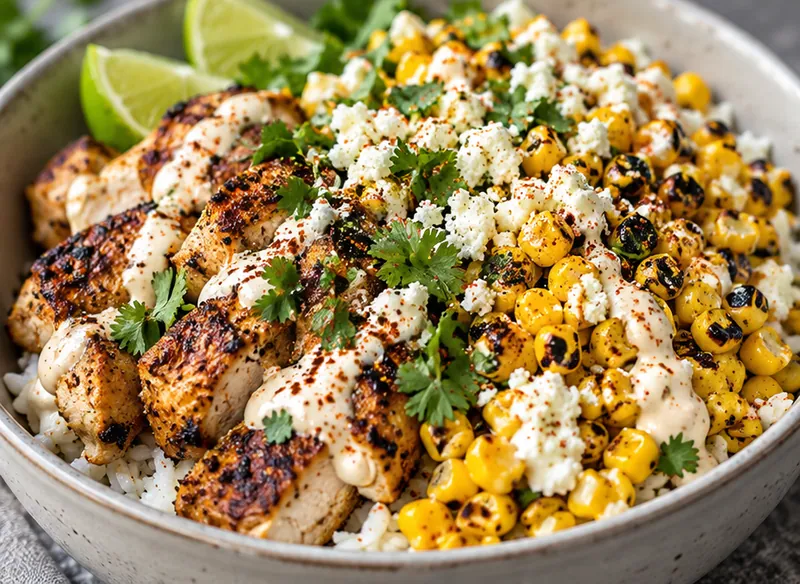 Loaded Street Corn Chicken Rice Bowl, ready to serve