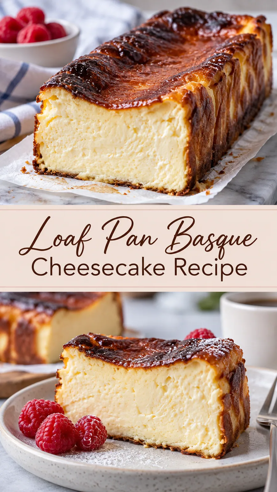 Pinterest image for Loaf Pan Basque Cheesecake Recipe, with two photos of the recipe