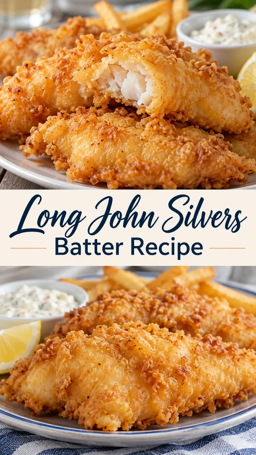 Pinterest image for Long John Silver's Batter Recipe, with two photos of the recipe
