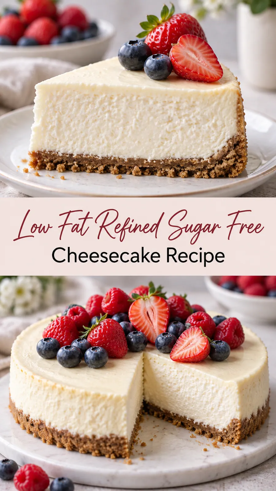 Pinterest image for Low Fat Refined Sugar Free Cheesecake Recipe, with two photos of the recipe