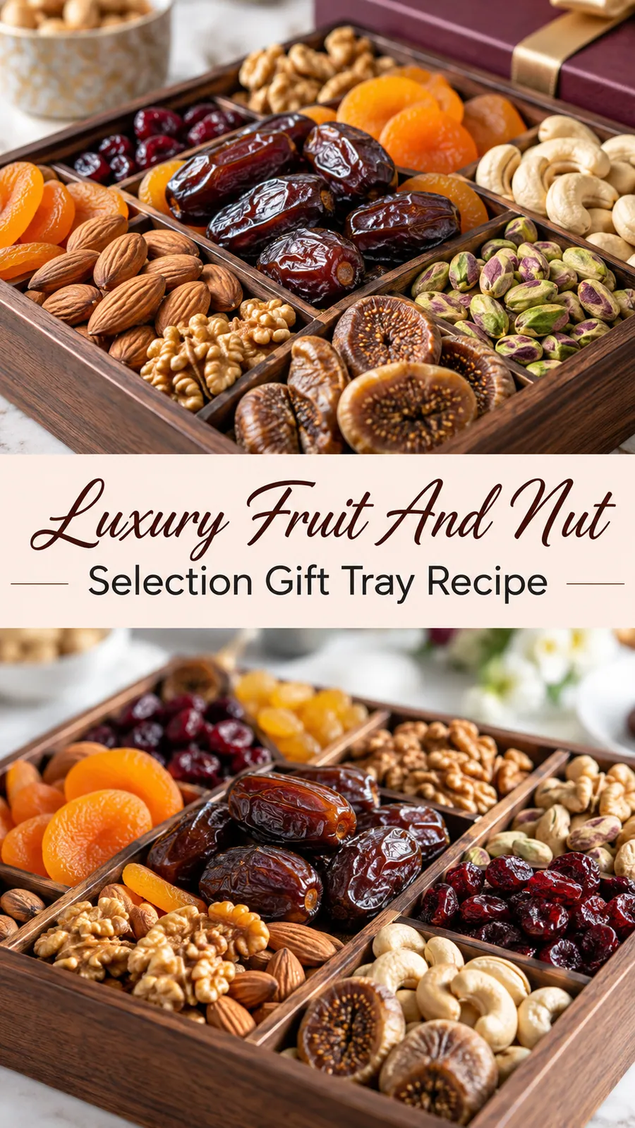 Pinterest image for Luxury Fruit And Nut Selection Gift Tray Recipe, with two photos of the recipe