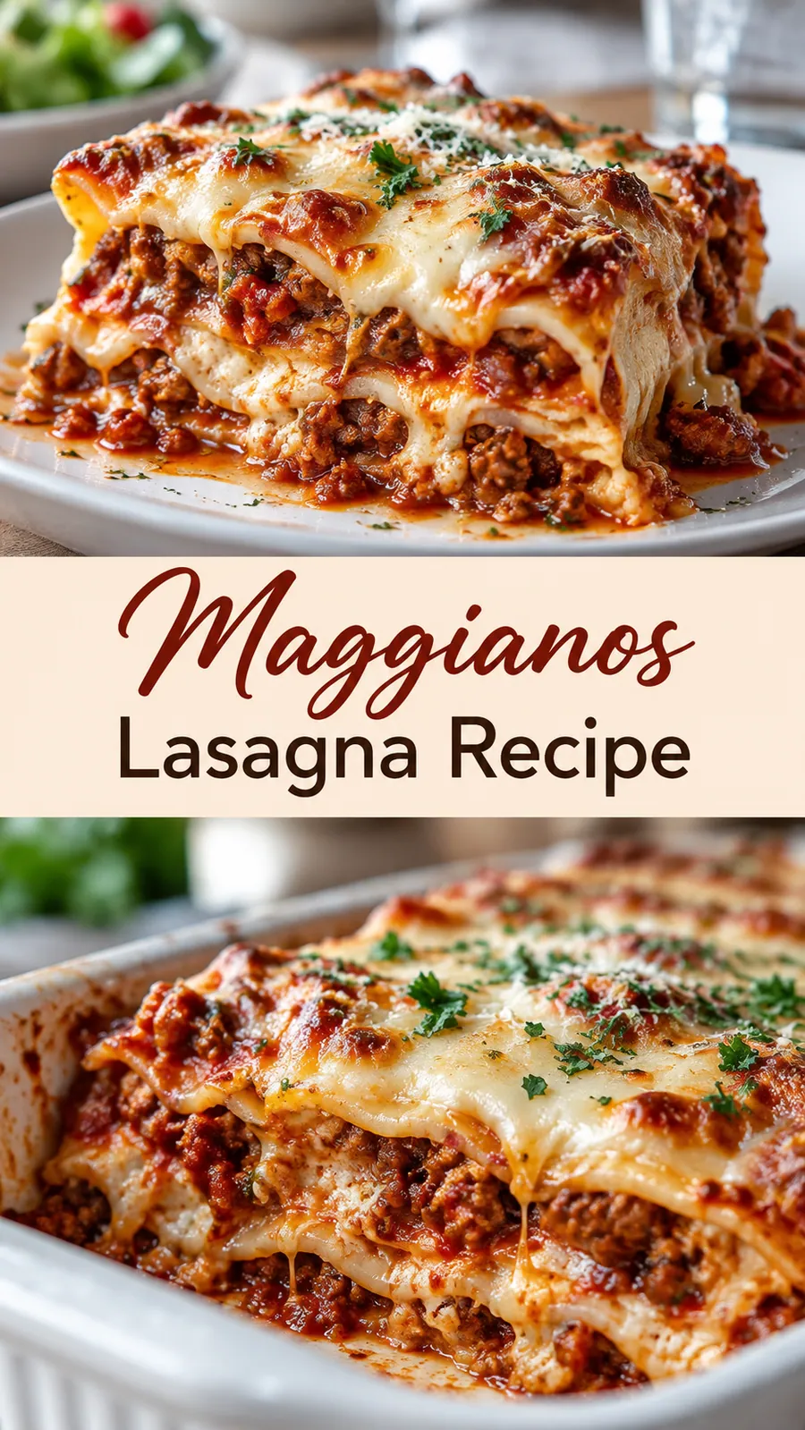 Pinterest image for Maggiano's Lasagna Recipe, with two photos of the recipe
