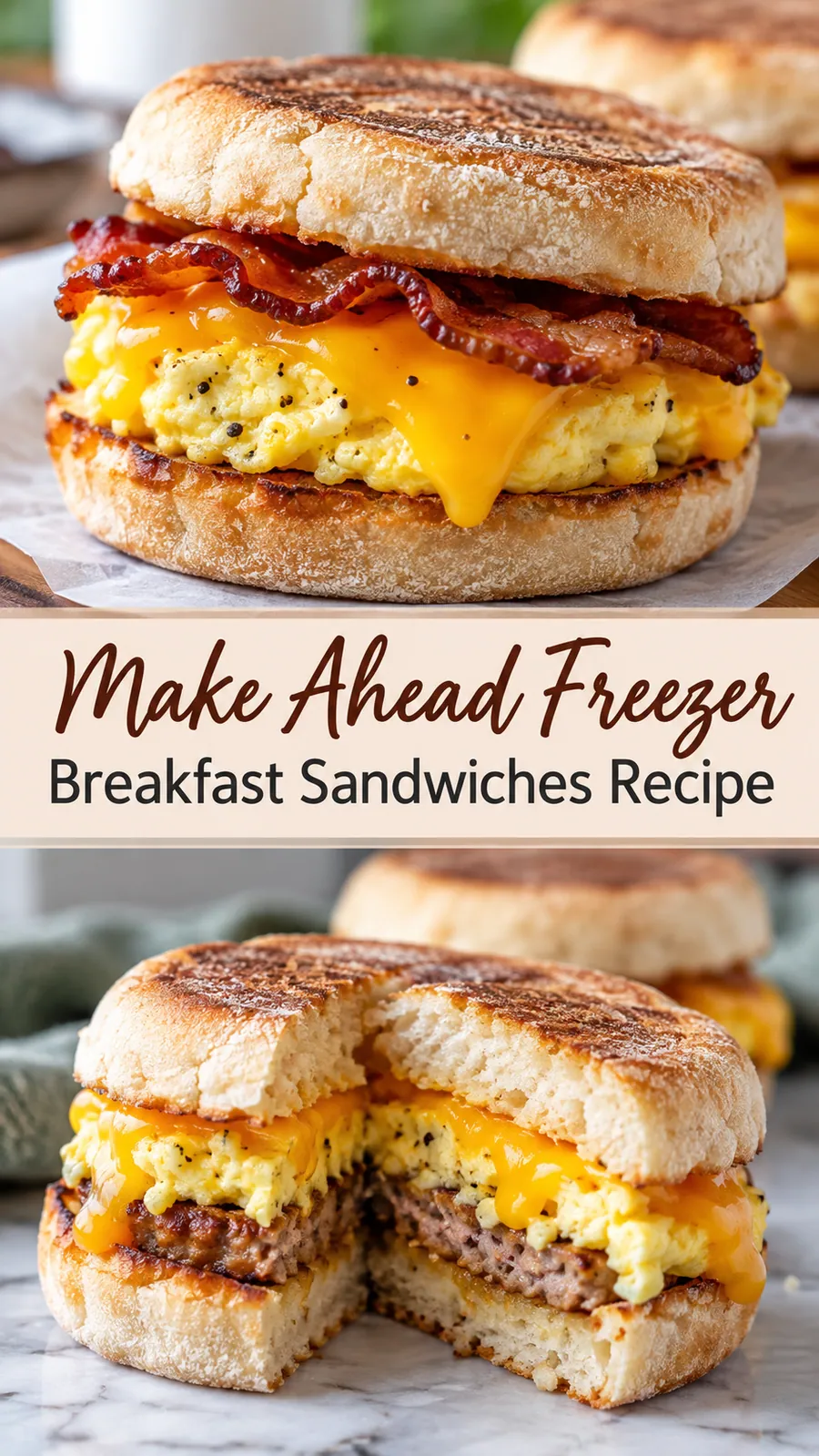 Pinterest image for Make Ahead Freezer Breakfast Sandwiches Recipe, with two photos of the recipe
