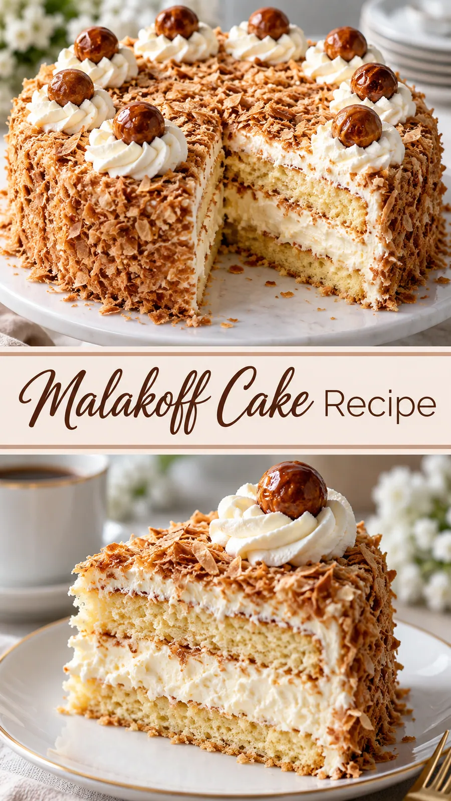 Pinterest image for Malakoff Cake Recipe, with two photos of the recipe