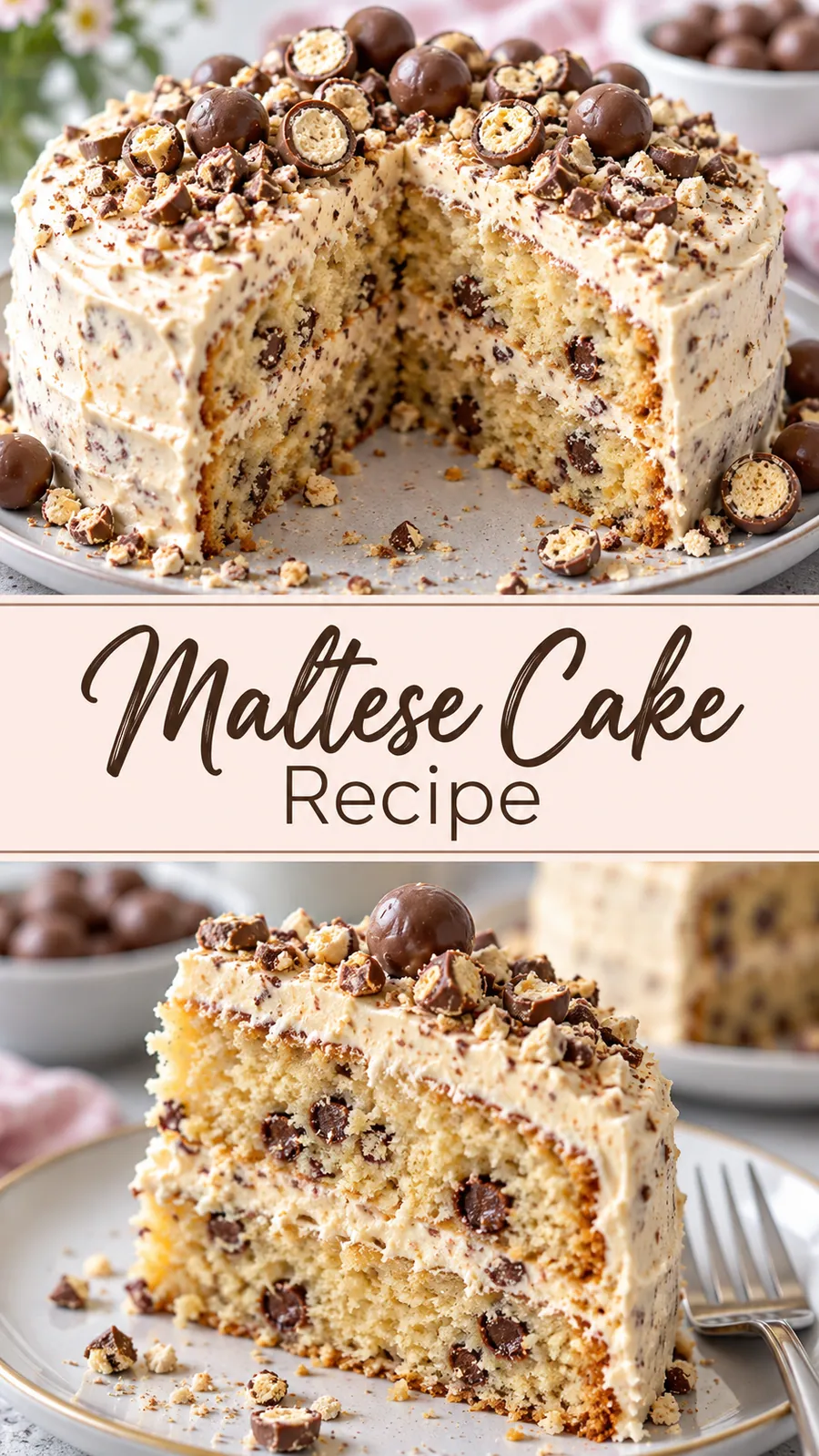 Pinterest image for Maltese Cake Recipe, with two photos of the recipe