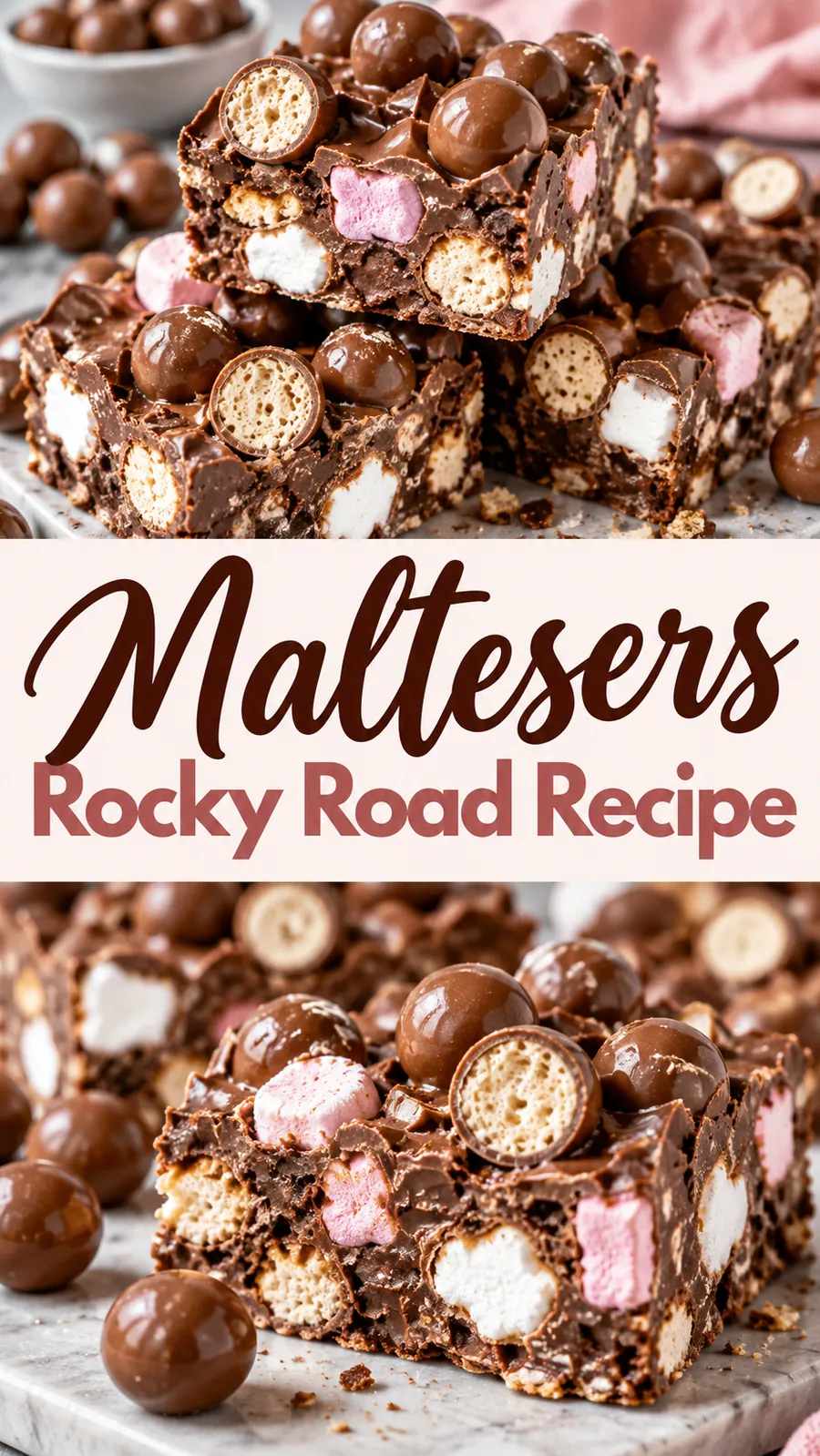 Pinterest image for Maltesers Rocky Road Recipe, with two photos of the recipe
