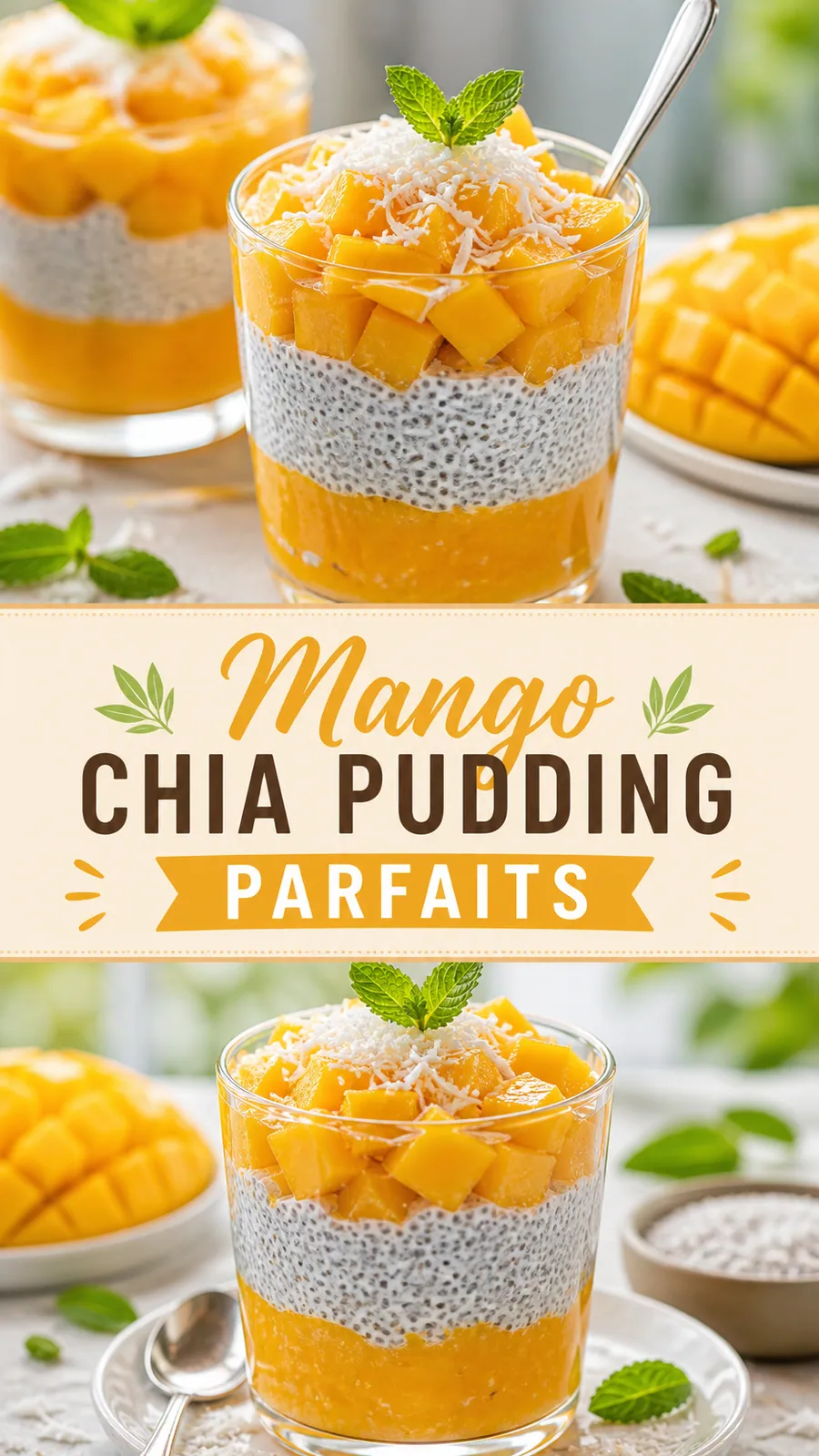 Pinterest image for Mango Chia Pudding Parfaits Recipe, with two photos of the recipe
