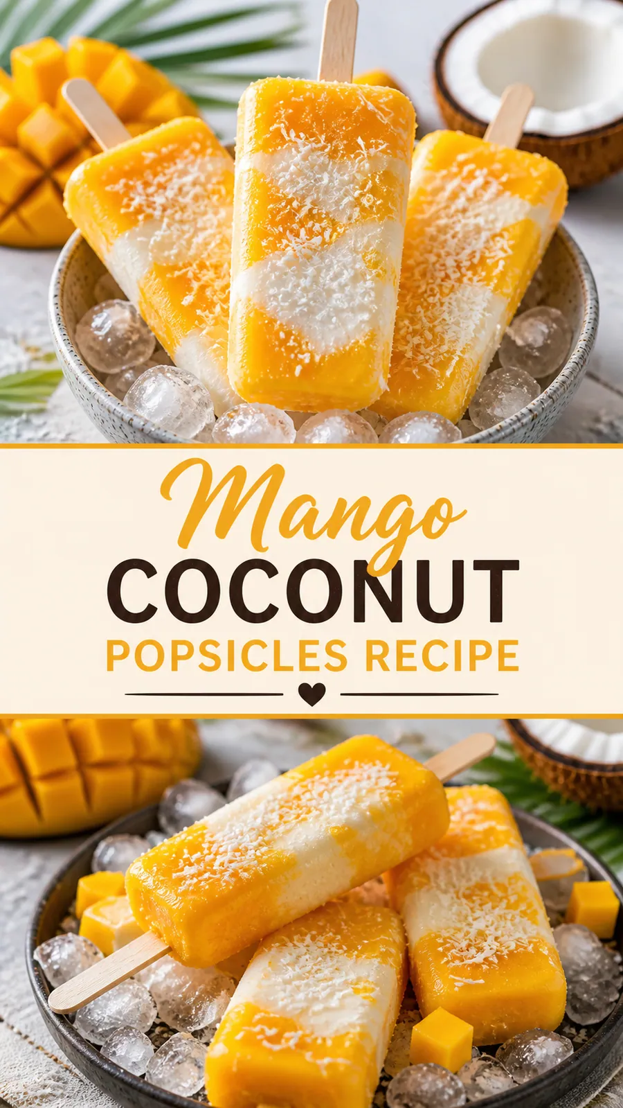 Pinterest image for Mango Coconut Popsicles Recipe, with two photos of the recipe