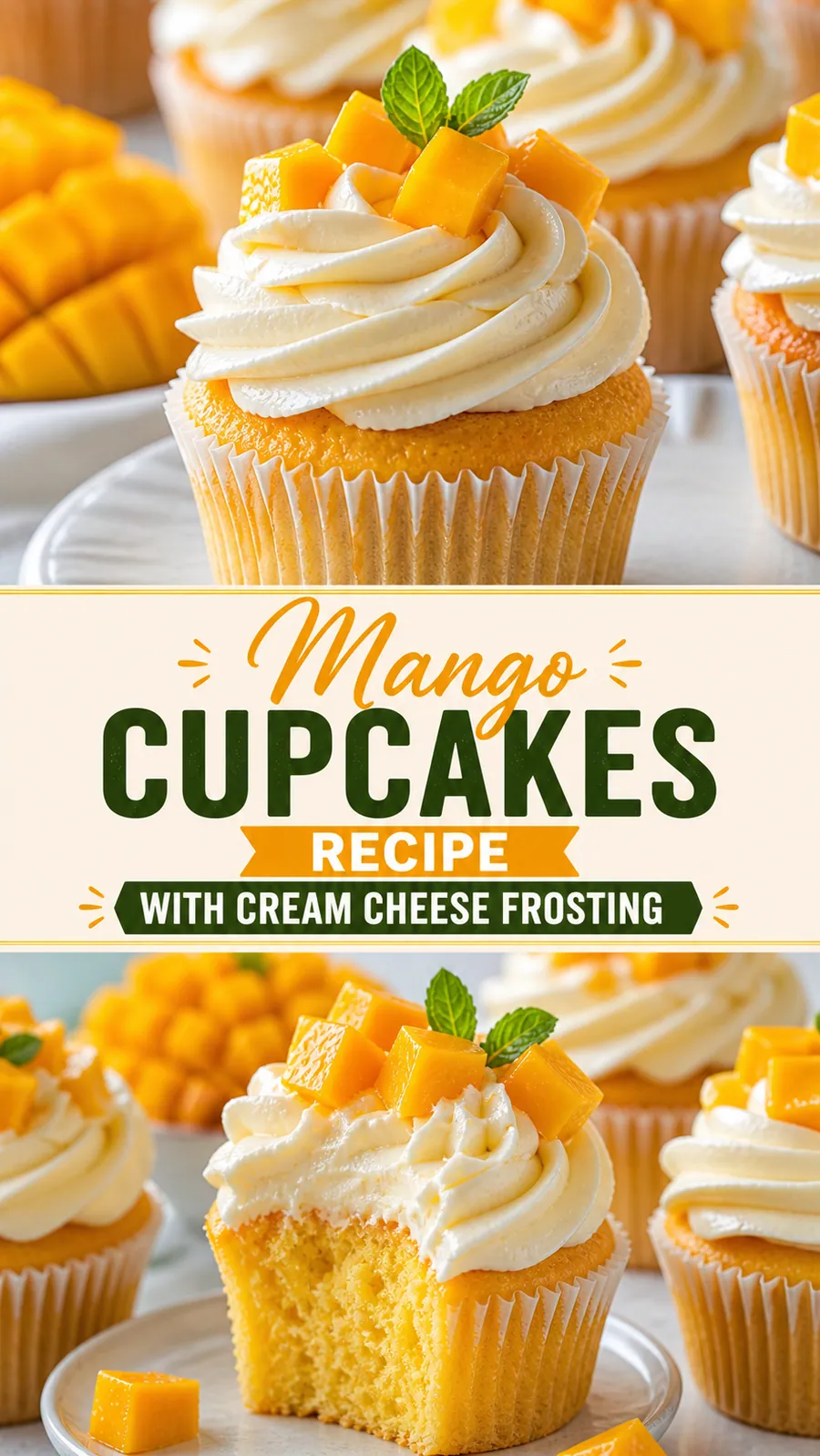 Pinterest image for Mango Cupcakes With Cream Cheese Frosting, with two photos of the recipe