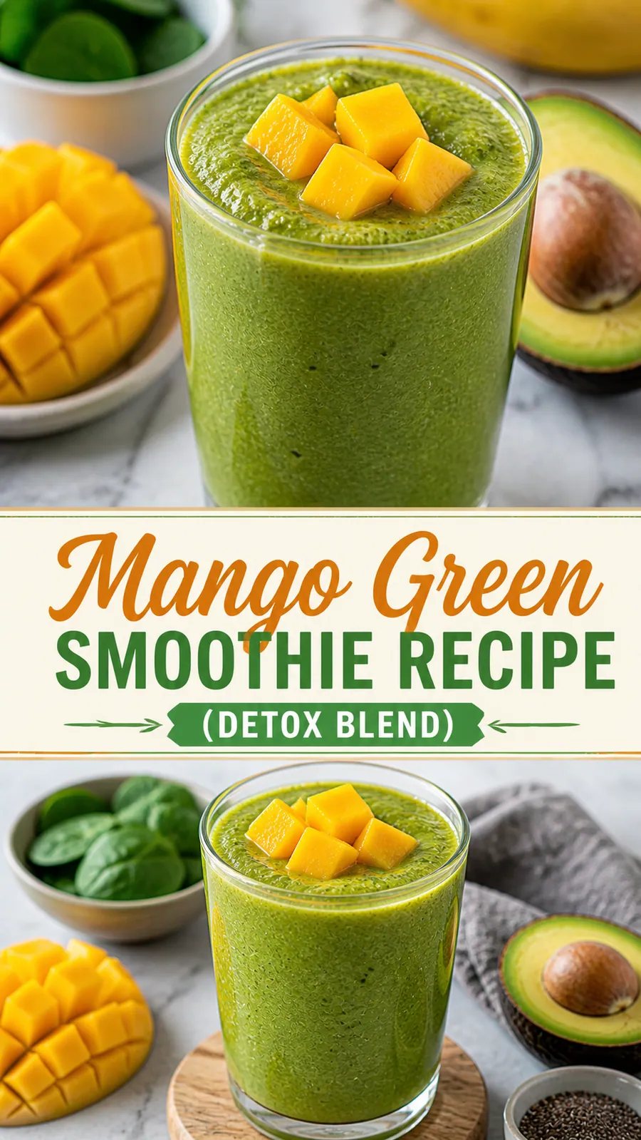 Pinterest image for Mango Green Smoothie Recipe (Spinach  Mango Detox Blend), with two photos of the recipe