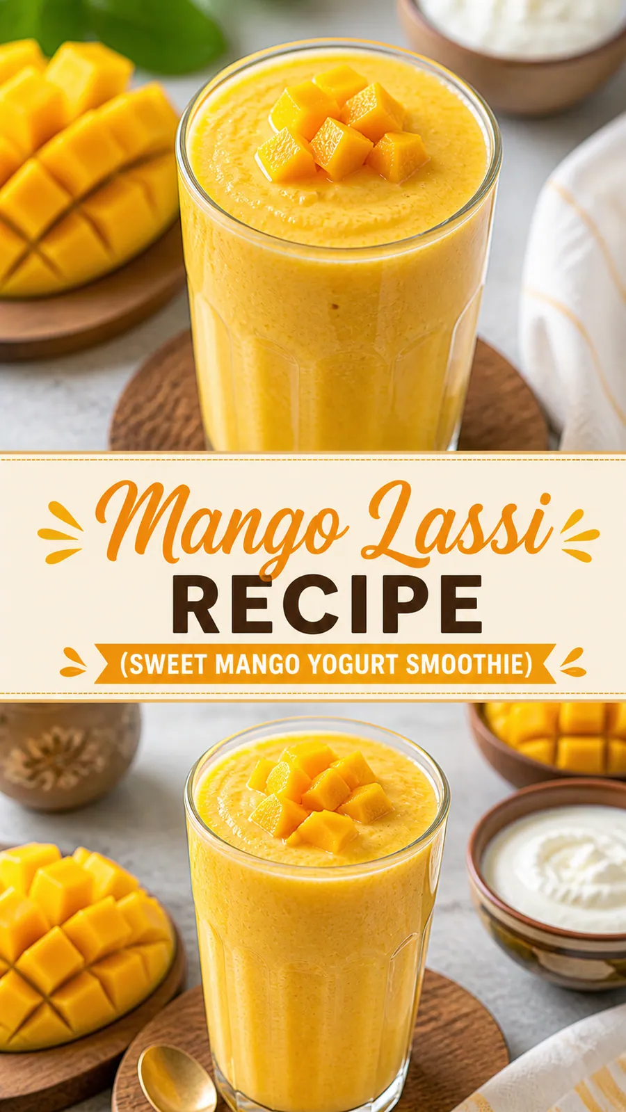 Pinterest image for Mango Lassi Recipe (Sweet Mango Yogurt Smoothie), with two photos of the recipe