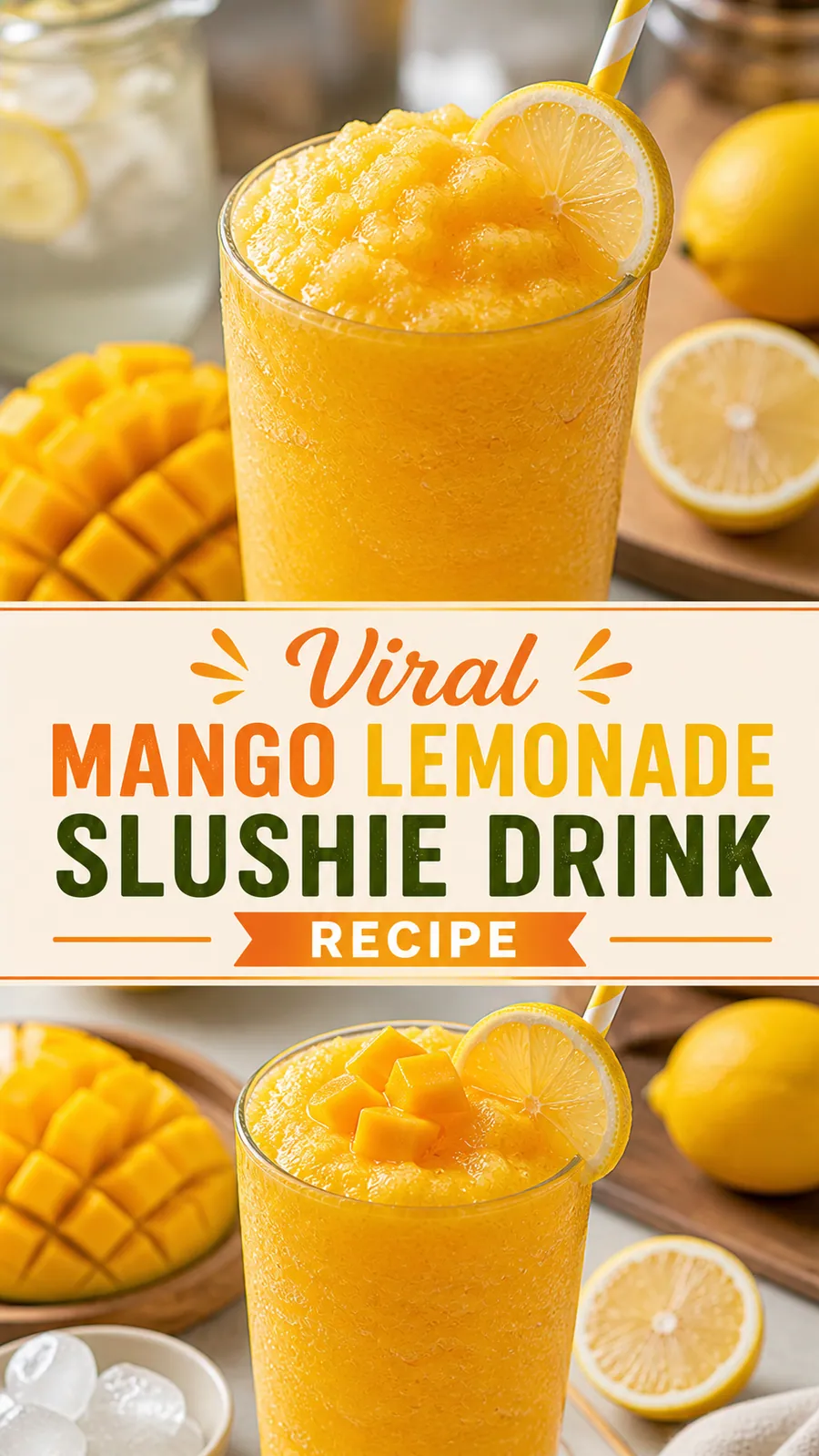 Pinterest image for Mango Lemonade Slush Dessert Recipe, with two photos of the recipe