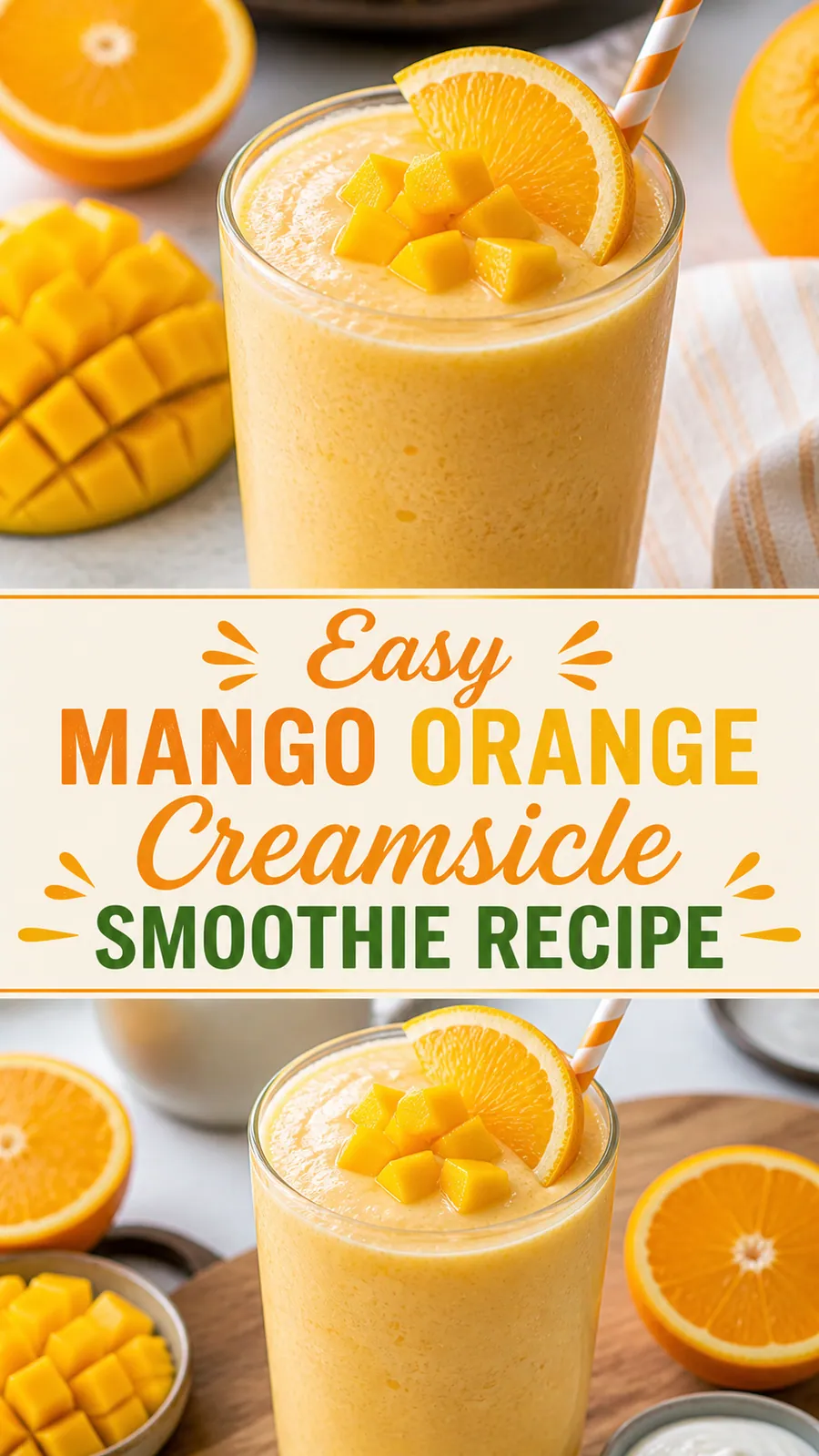 Pinterest image for Mango Orange Creamsicle Smoothie Recipe, with two photos of the recipe