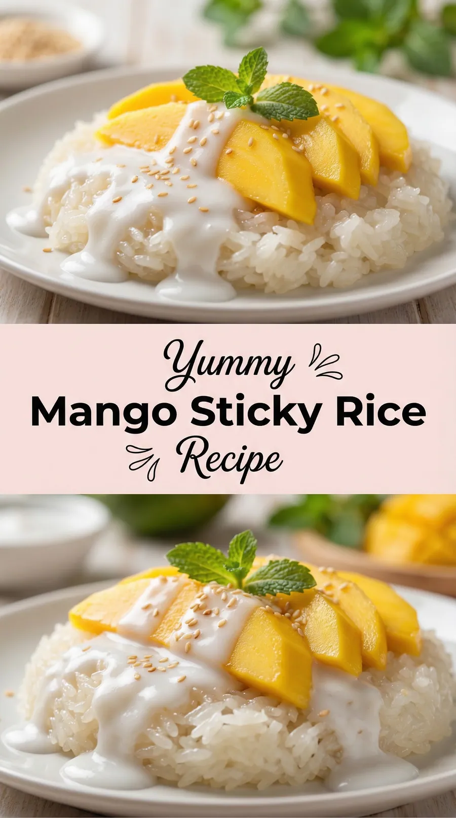 Pinterest image for Mango Sticky Rice Classic Asian Recipe, with two photos of the recipe