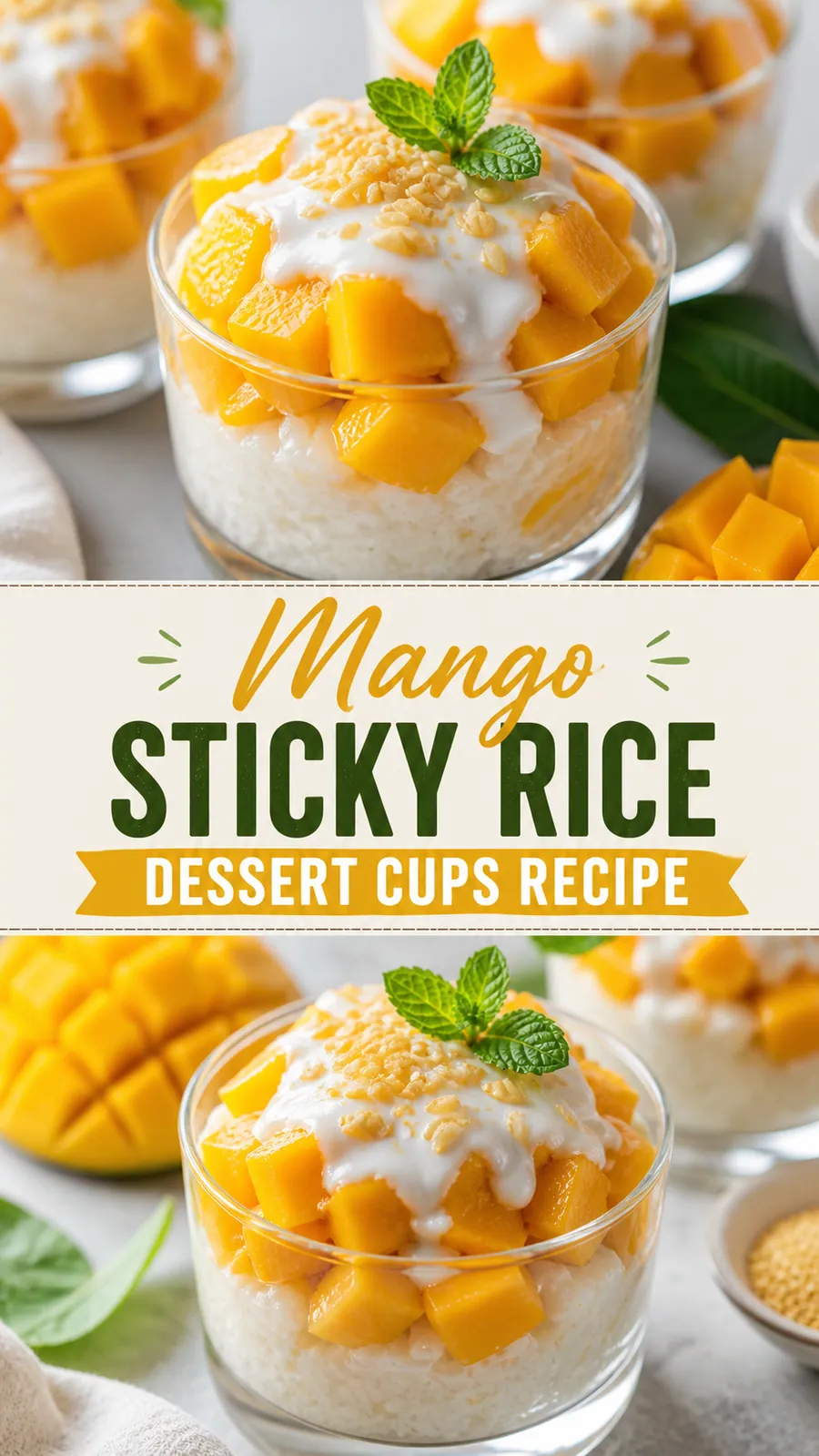 Pinterest image for Mango Sticky Rice Dessert Cups Recipe (Thai Dessert), with two photos of the recipe