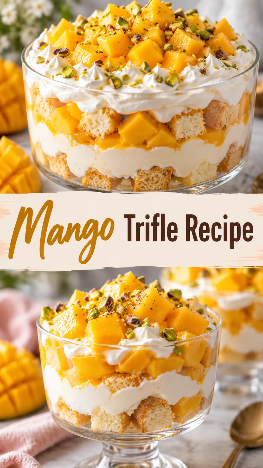 Pinterest image for Mango Trifle Recipe, with two photos of the recipe