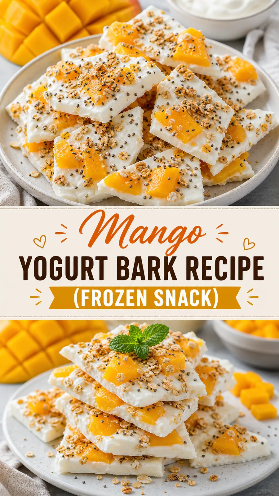 Pinterest image for Mango Yogurt Bark Recipe (Frozen Snack), with two photos of the recipe