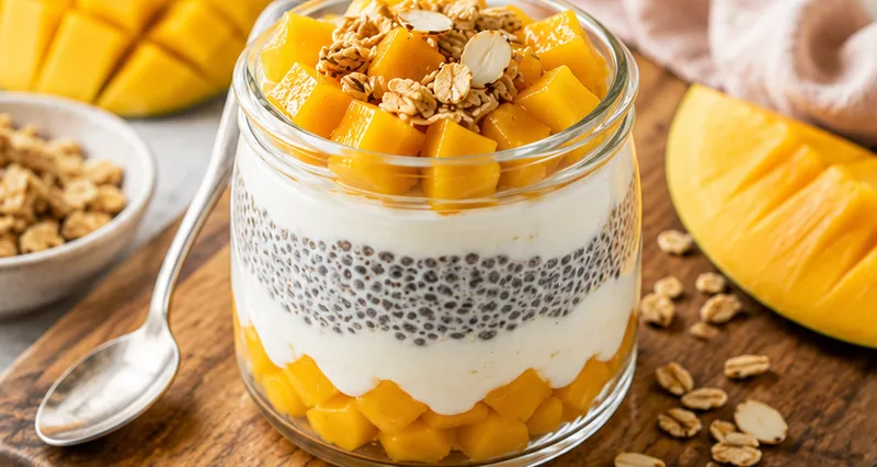 Mango Yogurt Chia Pudding Parfait Jars, ready to serve