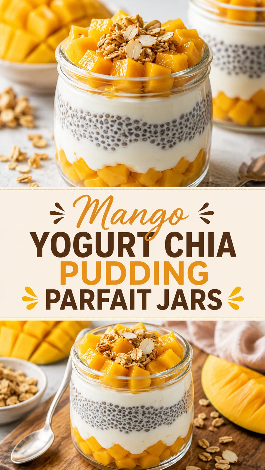 Pinterest image for Mango Yogurt Chia Pudding Parfait Jars, with two photos of the recipe
