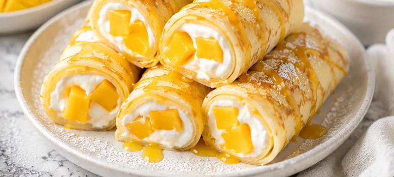 Mango Yogurt Crepe Filling Dessert Rolls, ready to serve