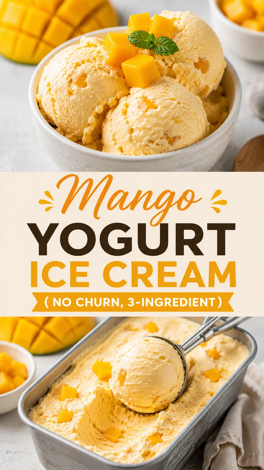 Pinterest image for Mango Yogurt Ice Cream No Churn 3 Ingredient, with two photos of the recipe