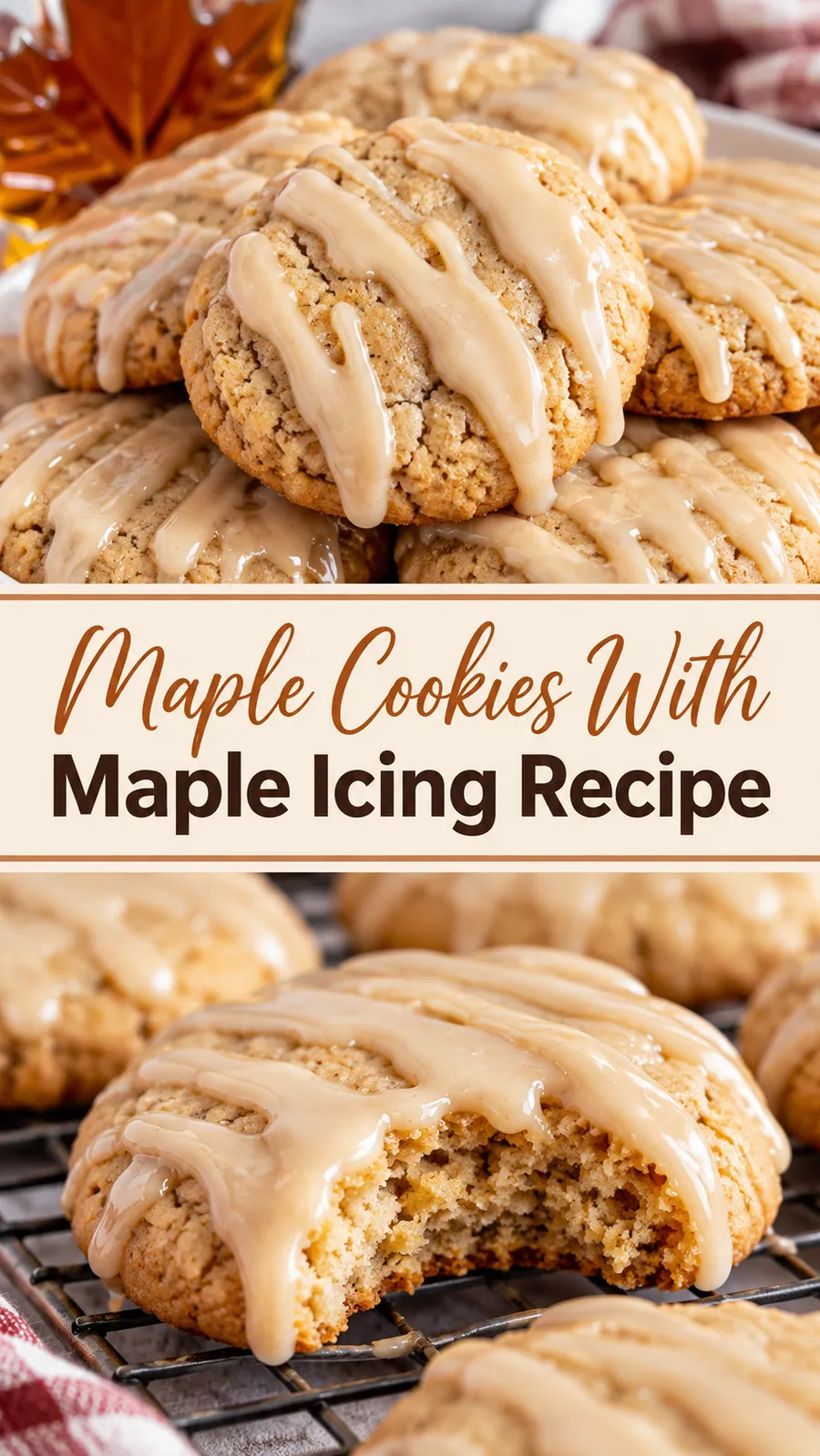 Pinterest image for Maple Cookies With Maple Icing Recipe, with two photos of the recipe