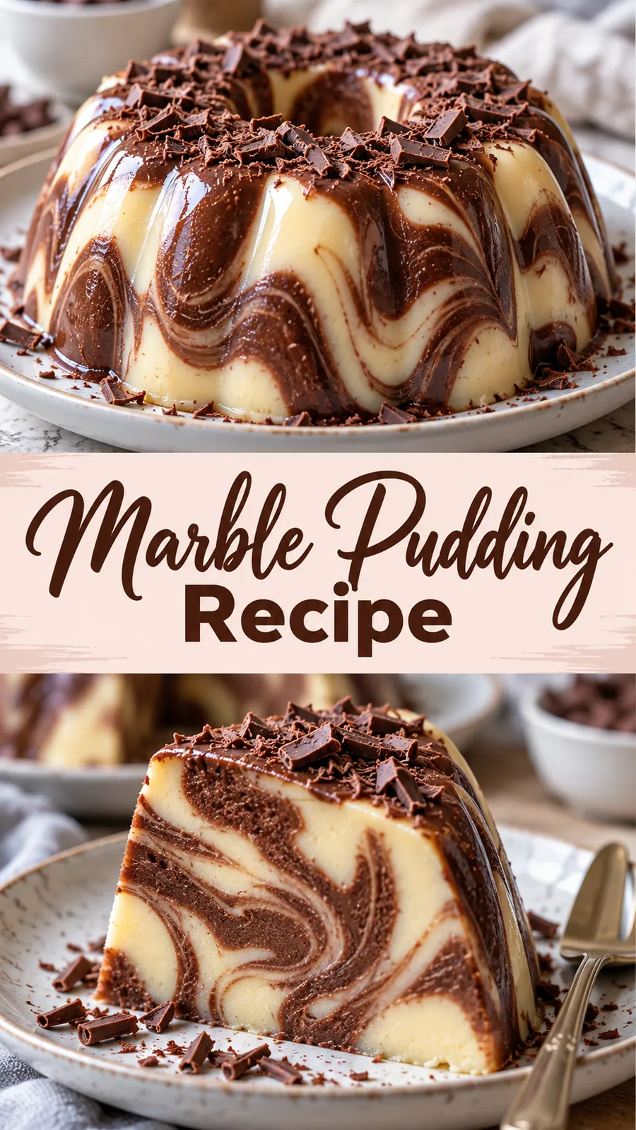 Pinterest image for Marble Pudding Recipe, with two photos of the recipe