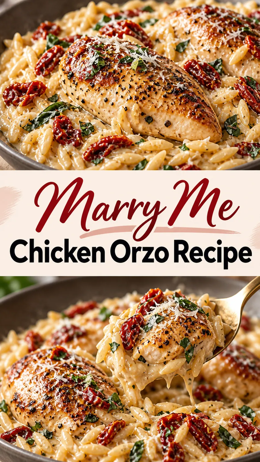 Pinterest image for Marry Me Chicken Orzo Recipe, with two photos of the recipe