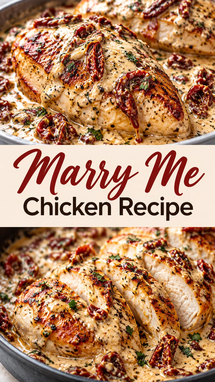 Pinterest image for Marry Me Chicken Recipe, with two photos of the recipe