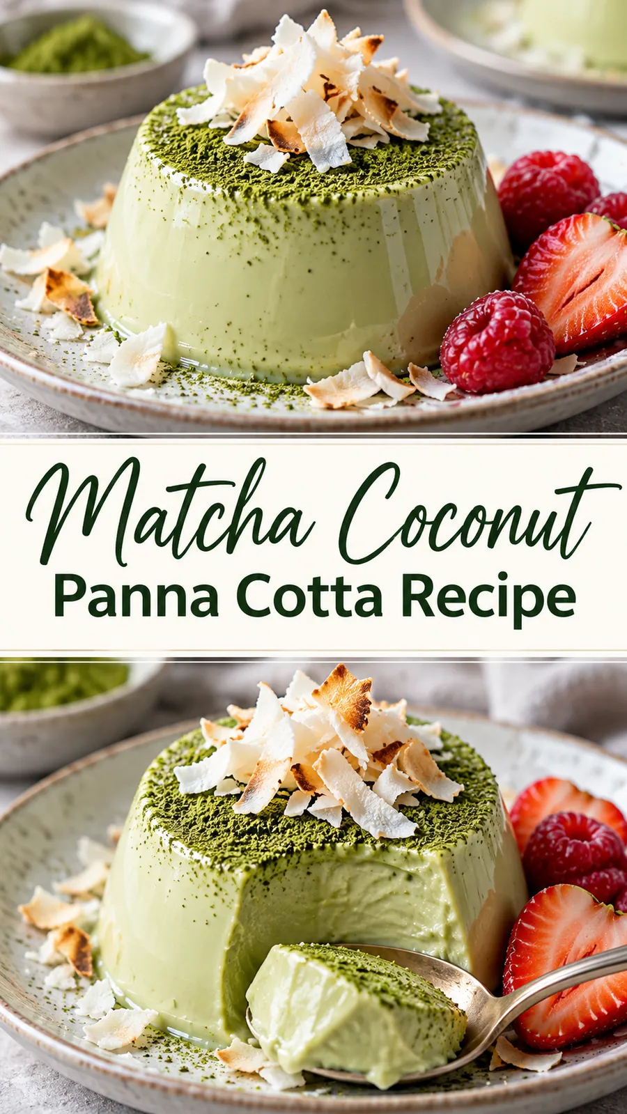Pinterest image for Matcha Coconut Panna Cotta Recipe, with two photos of the recipe