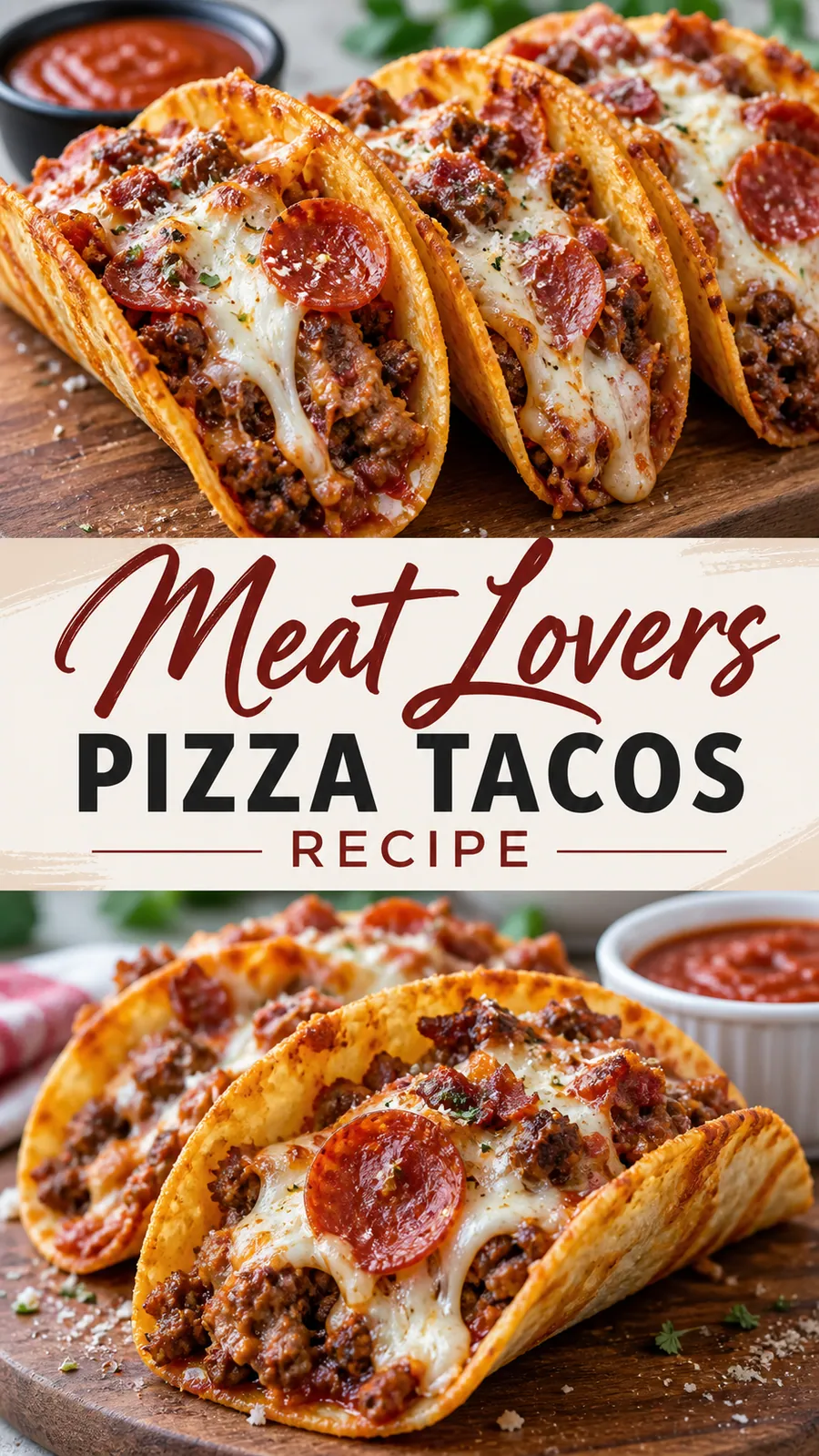 Pinterest image for Meat Lovers Pizza Tacos Recipe, with two photos of the recipe
