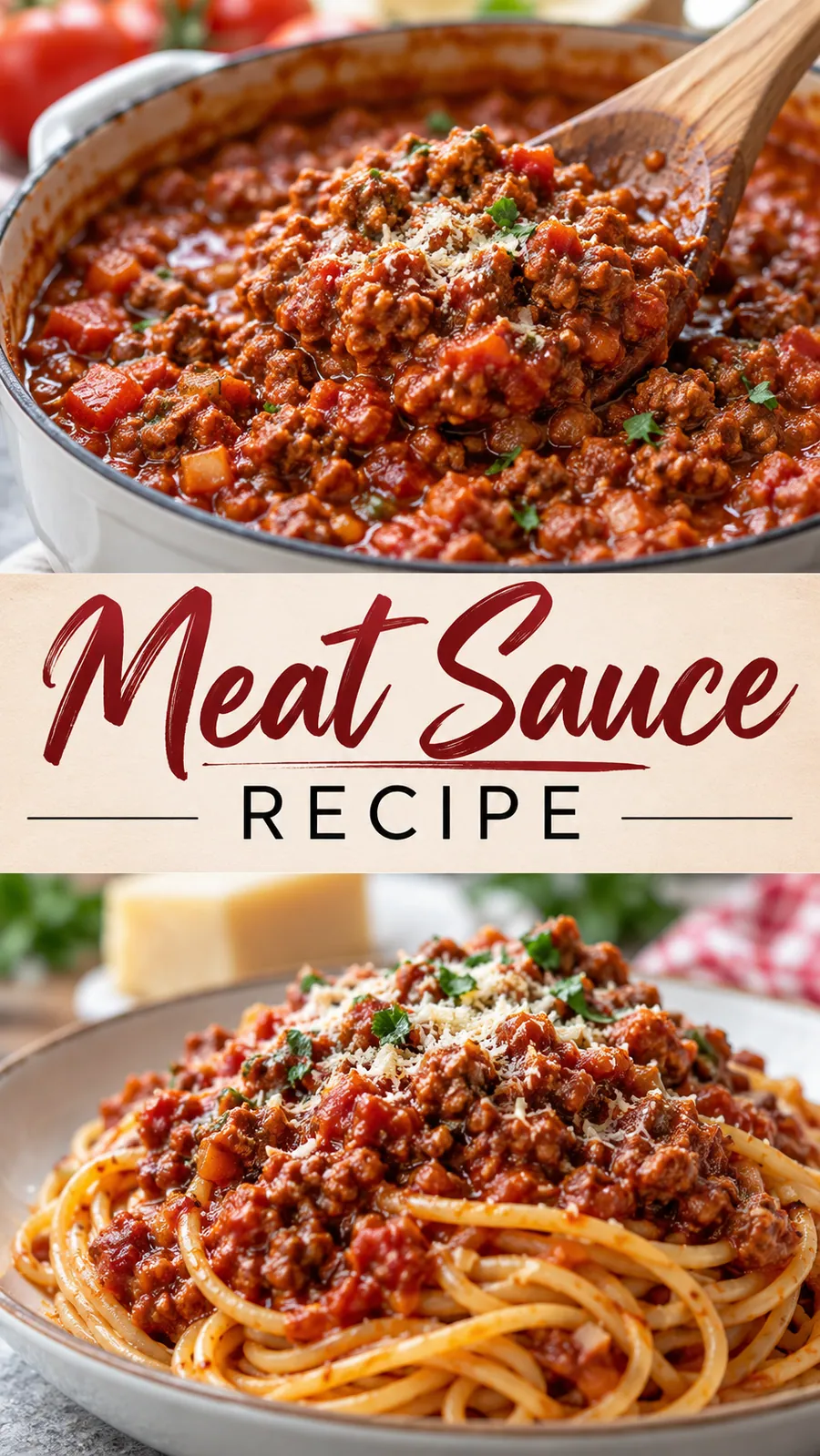 Pinterest image for Meat Sauce Recipe, with two photos of the recipe