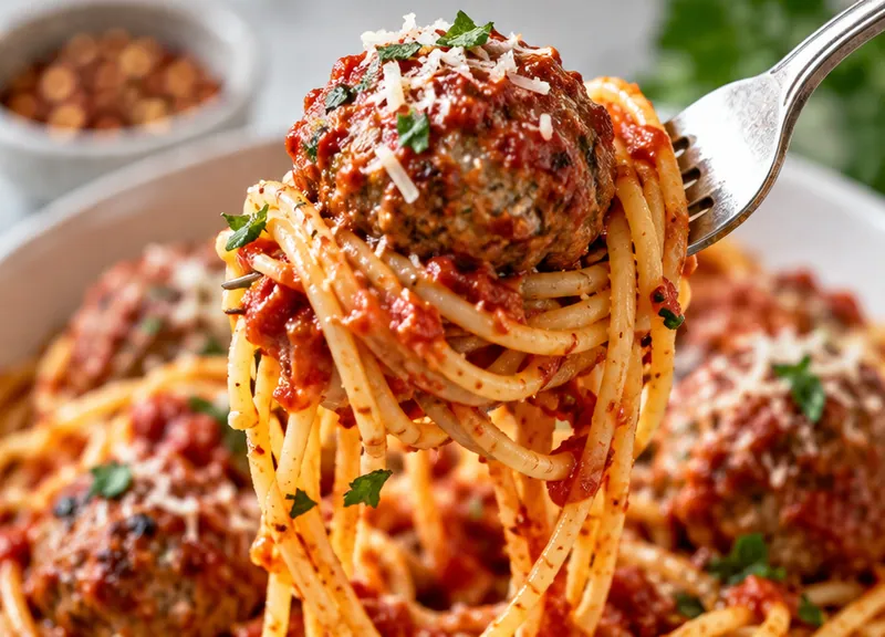 Classic Meatball Pasta Recipe, ready to serve