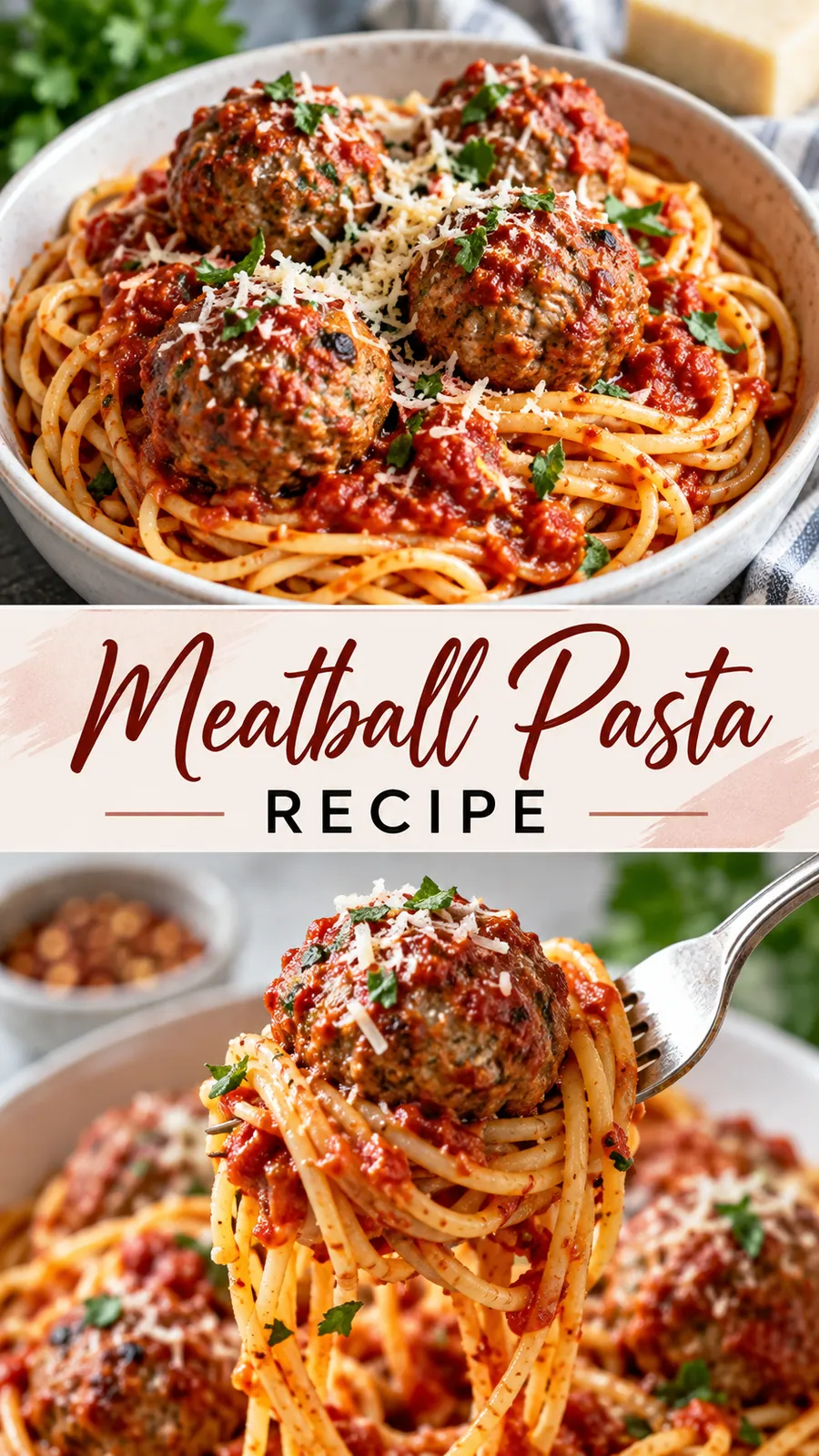 Pinterest image for Meatball Pasta Recipe, with two photos of the recipe