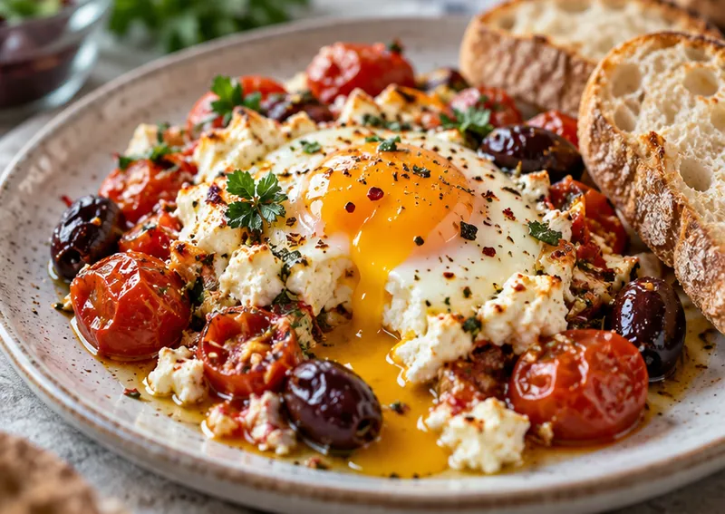 Mediterranean Baked Feta Eggs, ready to serve