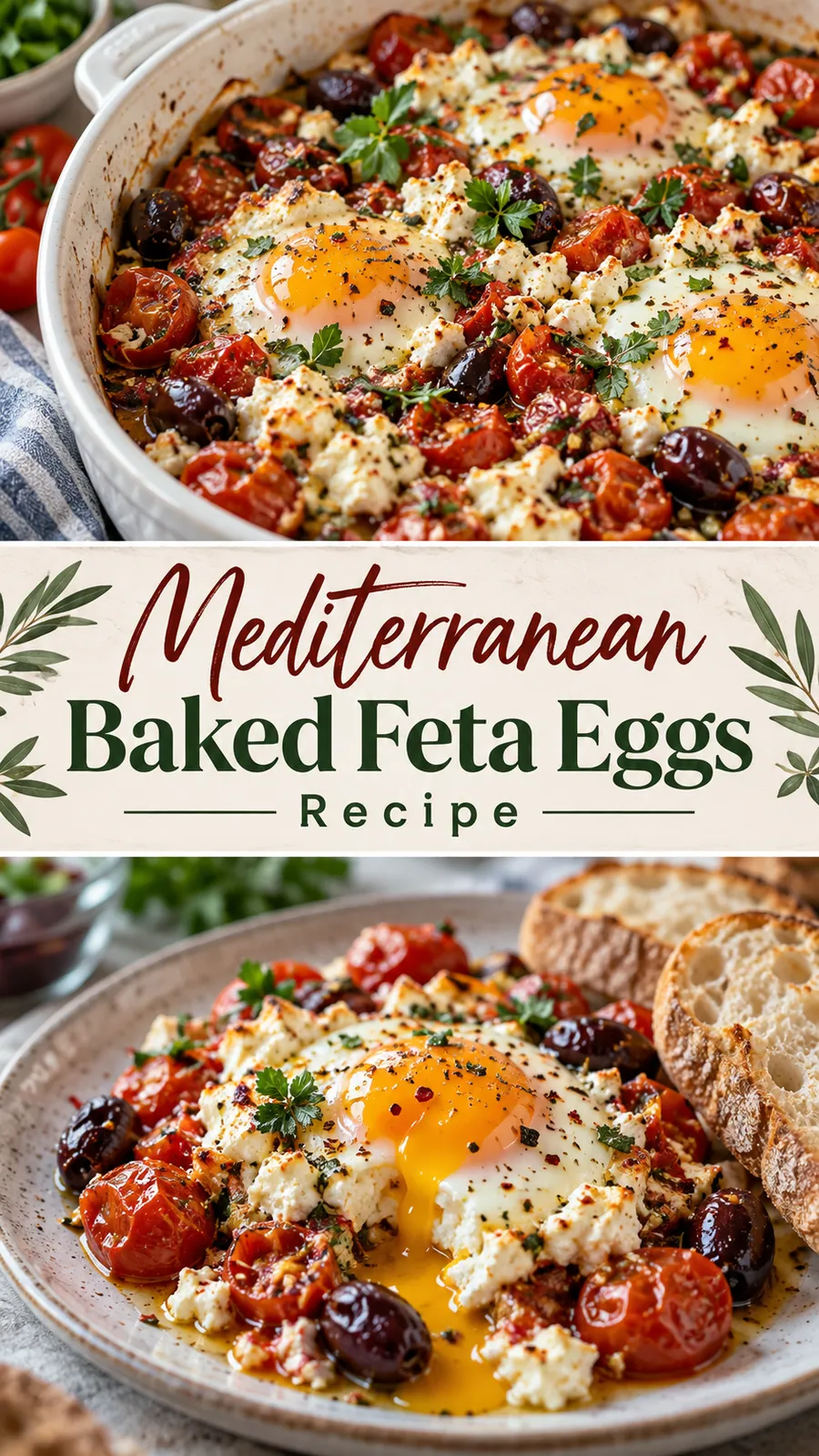 Pinterest image for Mediterranean Baked Feta Eggs Recipe, with two photos of the recipe