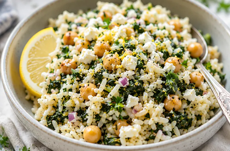 Mediterranean Greek Rice with Spinach and Chickpeas, ready to serve