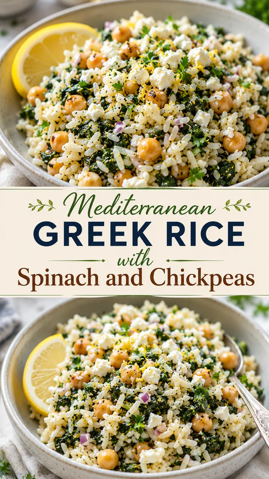 Pinterest image for Mediterranean Greek Rice With Spinach And Chickpeas, with two photos of the recipe
