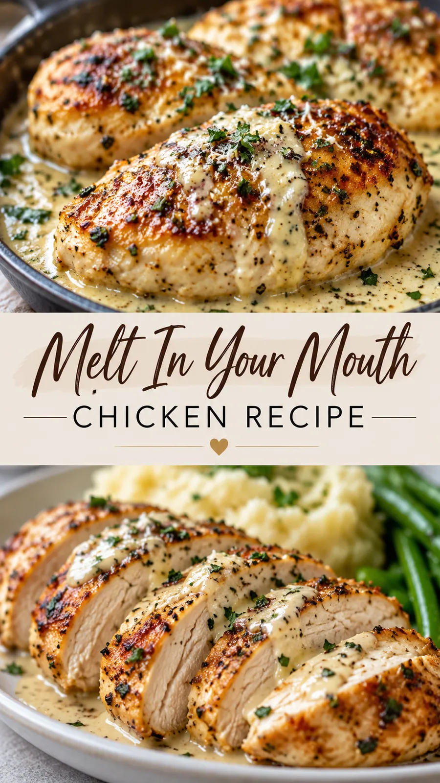 Pinterest image for Melt In Your Mouth Chicken Recipe, with two photos of the recipe