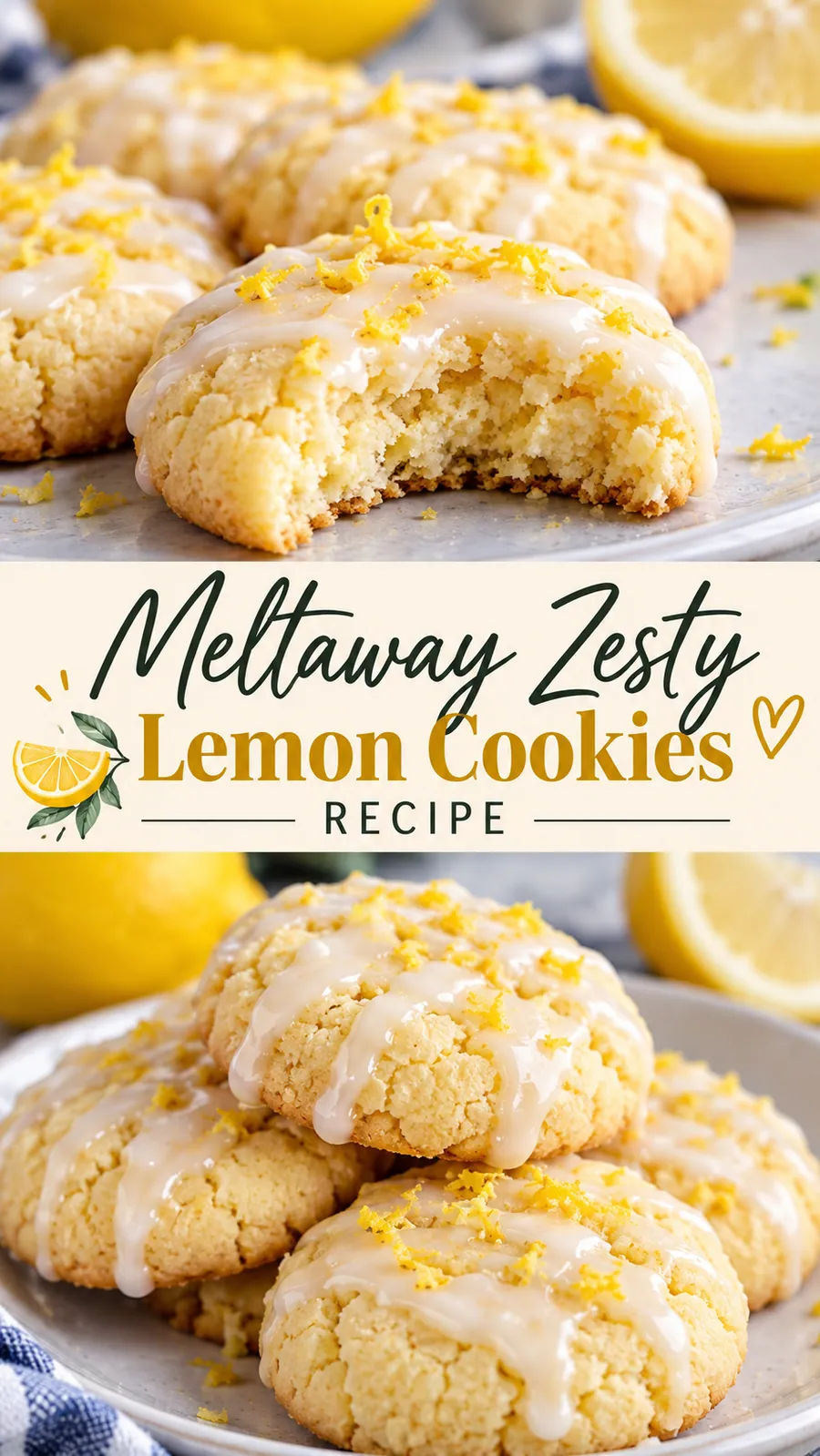 Pinterest image for Meltaway Zesty Lemon Cookies Recipe, with two photos of the recipe
