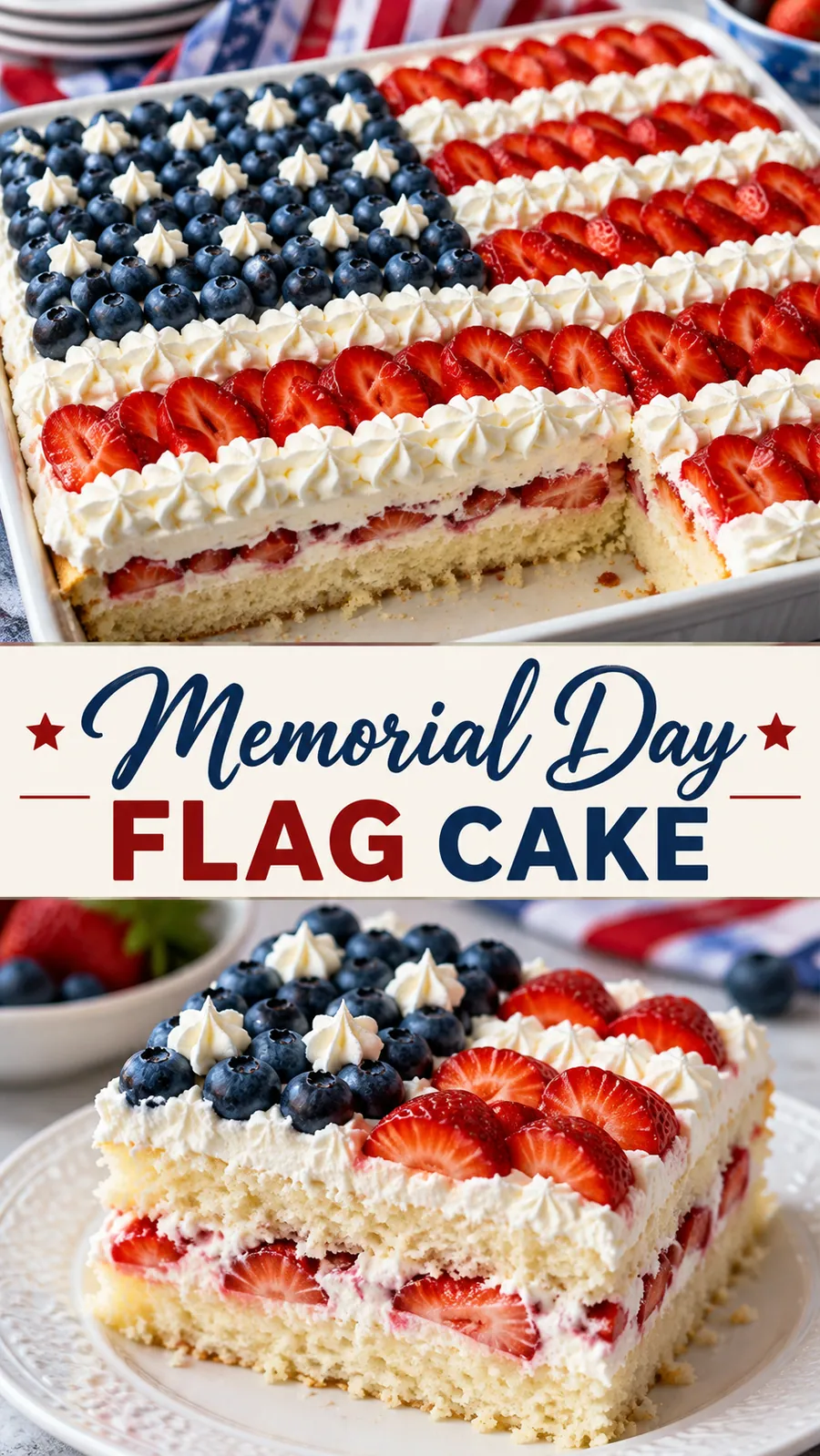 Pinterest image for Memorial Day Flag Cake, with two photos of the recipe