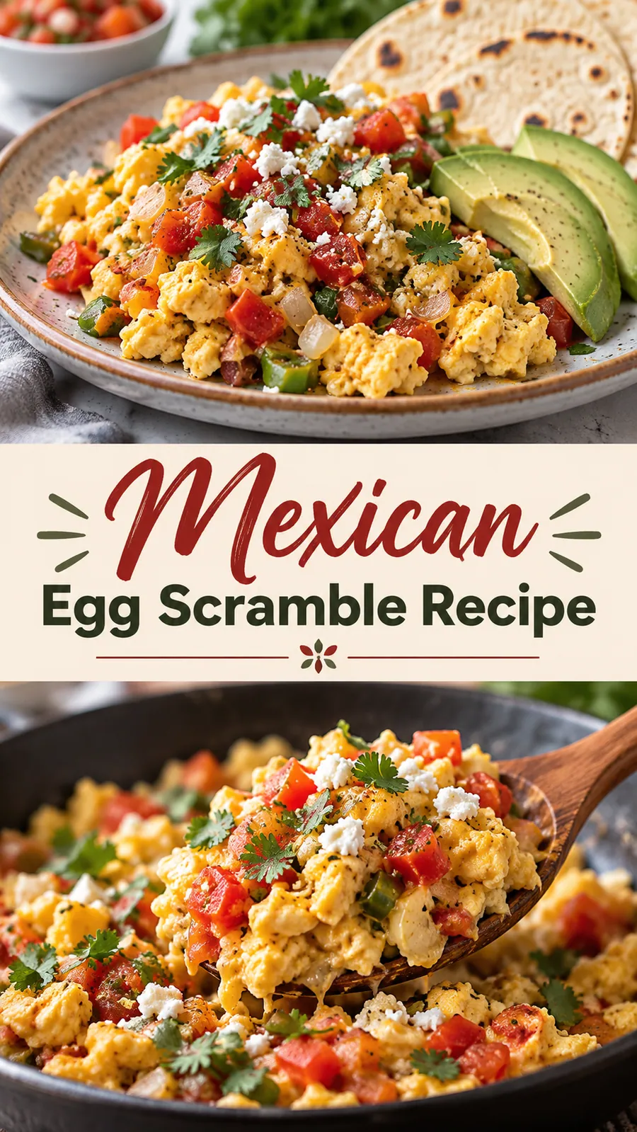 Pinterest image for Mexican Egg Scramble Recipe, with two photos of the recipe