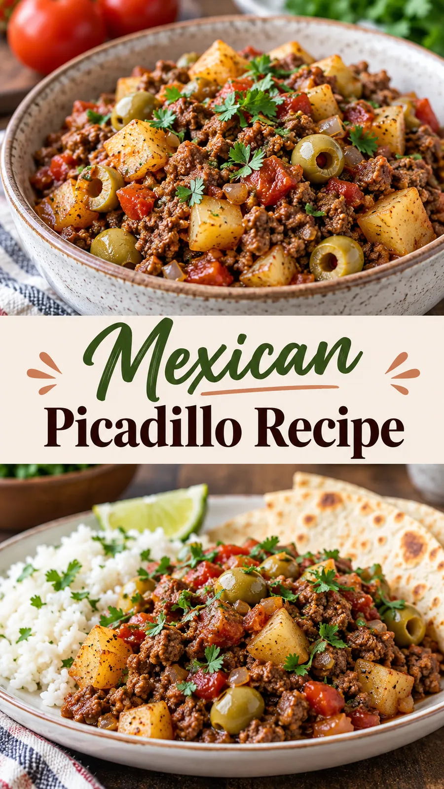 Pinterest image for Mexican Picadillo Recipe, with two photos of the recipe