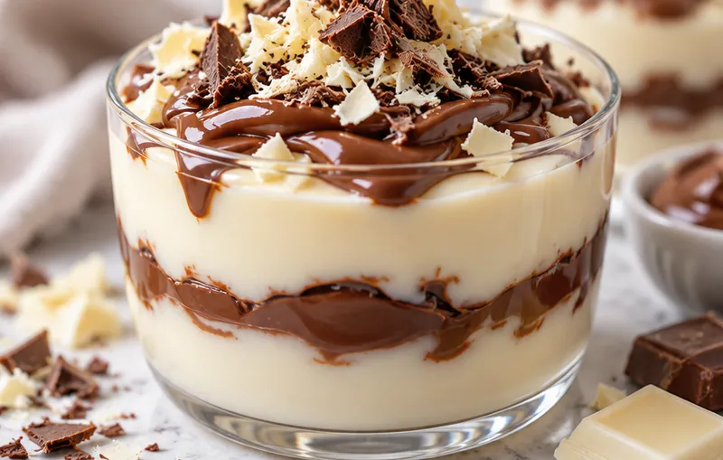 Milk Pudding with White Chocolate and Nutella, ready to serve